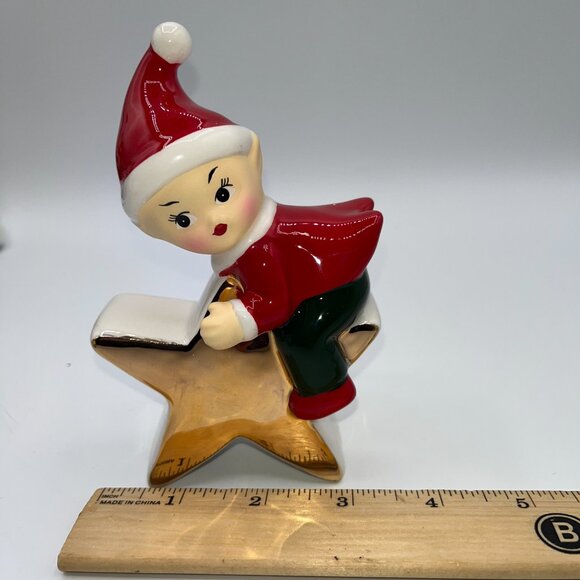 Retro Ceramic Red Elf Pixie Santa's Helper Sitting on a Golden Star Christmas - Picture 2 of 10